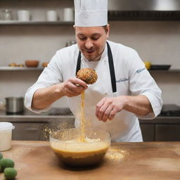 A professional chef in a bustling kitchen, using a high-speed blender to liquefy a batch of succulent fritters, sending splashes of golden mixture flying.