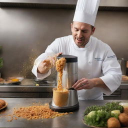 A professional chef in a bustling kitchen, using a high-speed blender to liquefy a batch of succulent fritters, sending splashes of golden mixture flying.