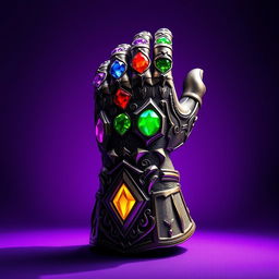 A detailed depiction of Thanos' Infinity Gauntlet from the Avengers, prominently displayed against a rich purple background