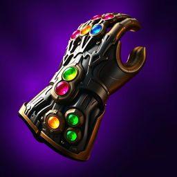 A detailed depiction of Thanos' Infinity Gauntlet from the Avengers, prominently displayed against a rich purple background