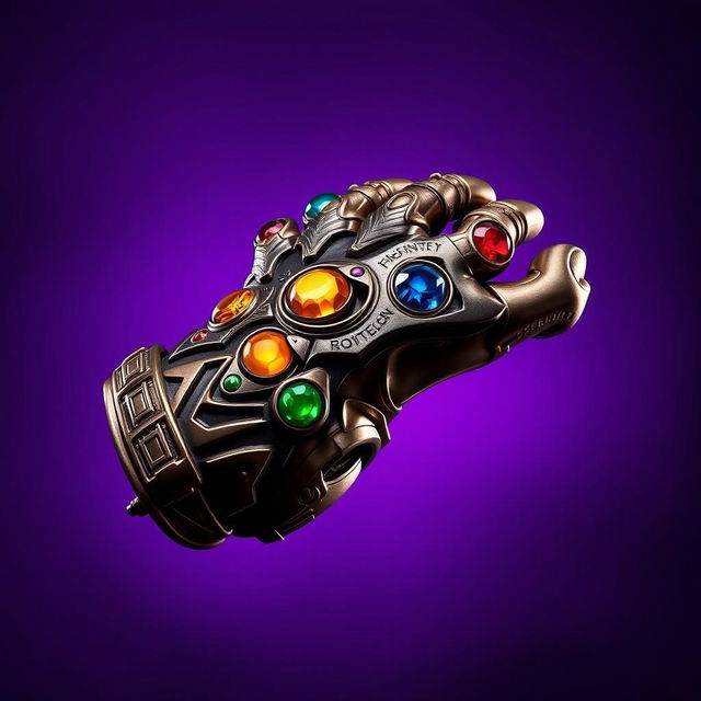 A detailed depiction of Thanos' Infinity Gauntlet from the Avengers, prominently displayed against a rich purple background