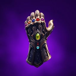 A detailed depiction of Thanos' Infinity Gauntlet from the Avengers, prominently displayed against a rich purple background