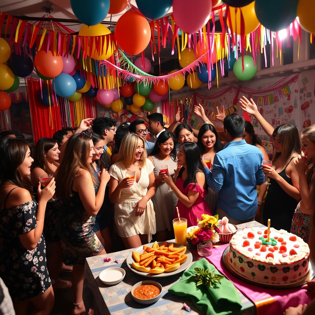 A lively and colorful celebration themed around a festive party, featuring various decorations such as balloons, streamers, and banners