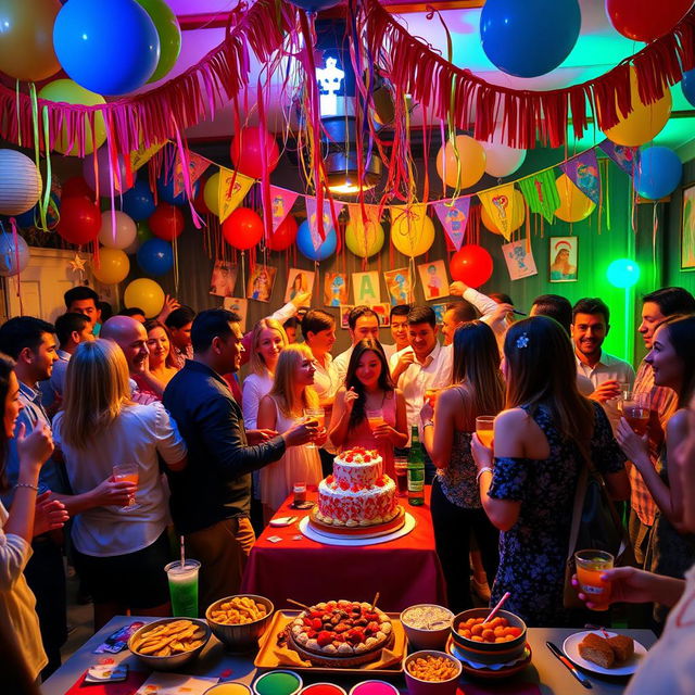 A lively and colorful celebration themed around a festive party, featuring various decorations such as balloons, streamers, and banners