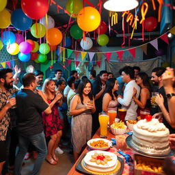 A lively and colorful celebration themed around a festive party, featuring various decorations such as balloons, streamers, and banners