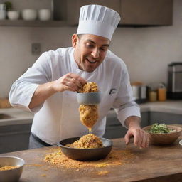 A professional chef in a bustling kitchen, using a high-speed blender to liquefy a batch of succulent fritters, sending splashes of golden mixture flying.