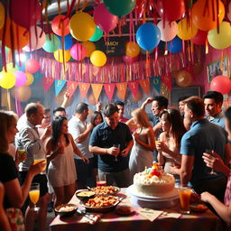 A lively and colorful celebration themed around a festive party, featuring various decorations such as balloons, streamers, and banners