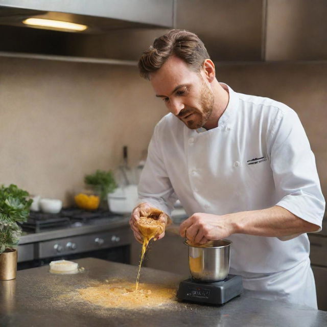 A professional chef in a bustling kitchen, using a high-speed blender to liquefy a batch of succulent fritters, sending splashes of golden mixture flying.