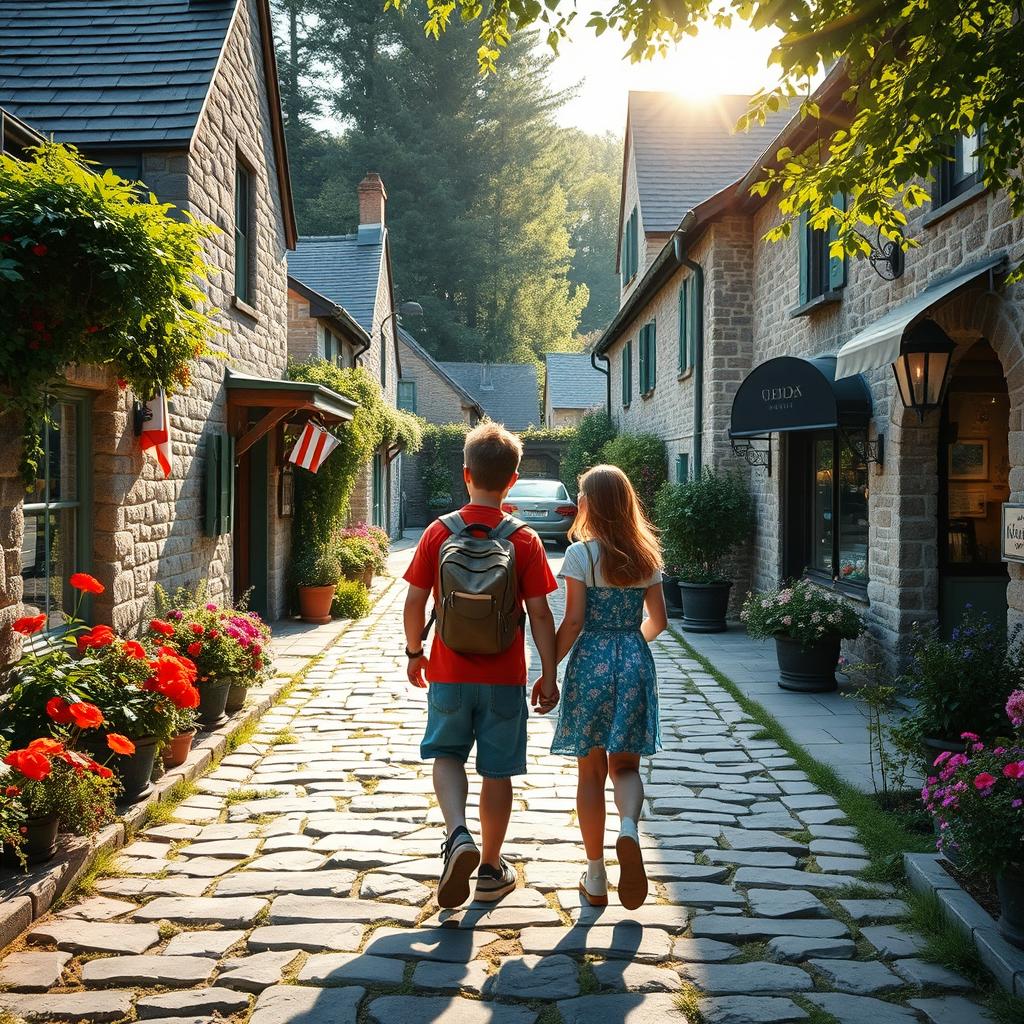 A picturesque scene depicting a boy and girl trekking together on a stone-paved path