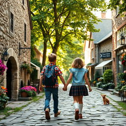 A picturesque scene depicting a boy and girl trekking together on a stone-paved path