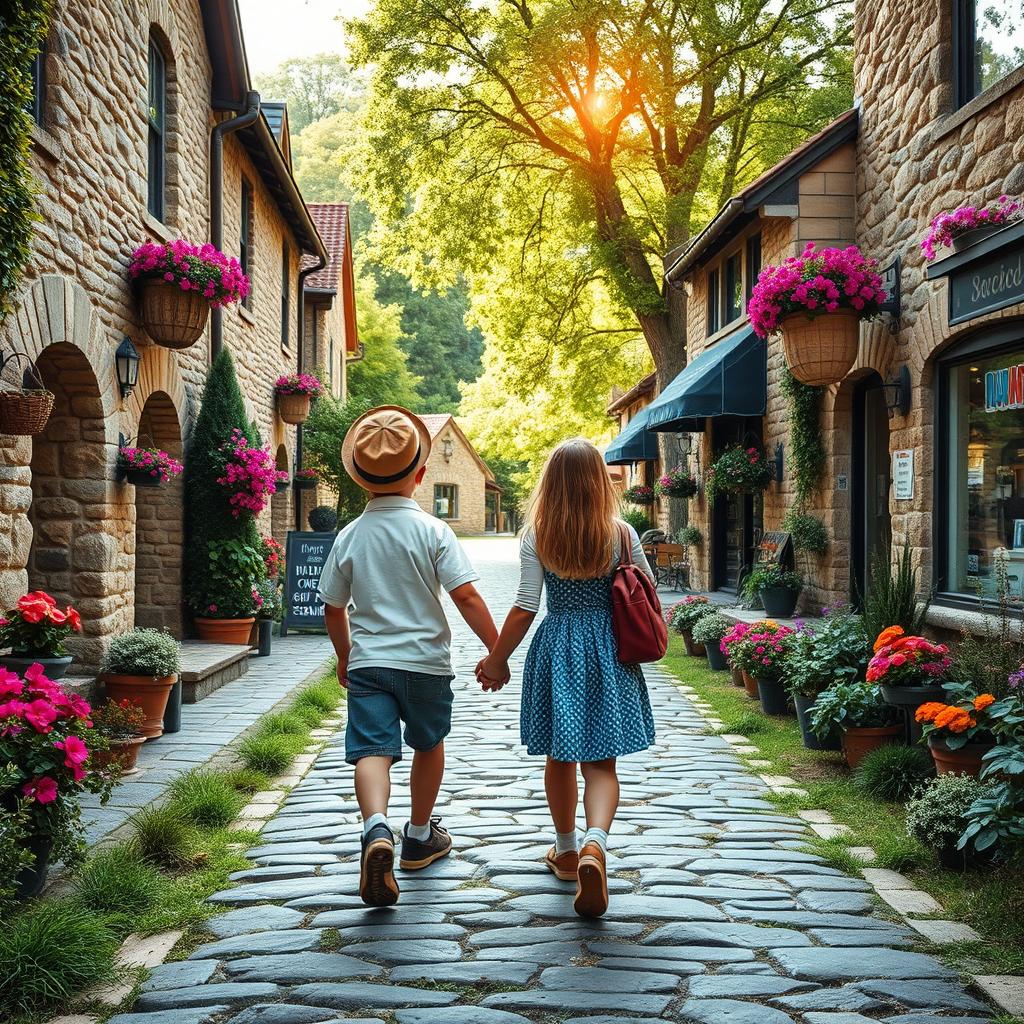 A picturesque scene depicting a boy and girl trekking together on a stone-paved path