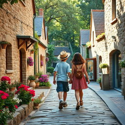 A picturesque scene depicting a boy and girl trekking together on a stone-paved path