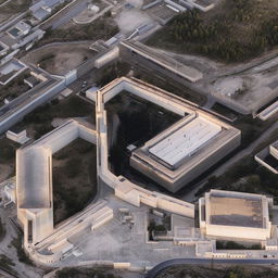 An aerial view of the entrance of a state-of-the-art maximum-security penitentiary, highlighting secured gates, surveillance systems, and fortified structures.