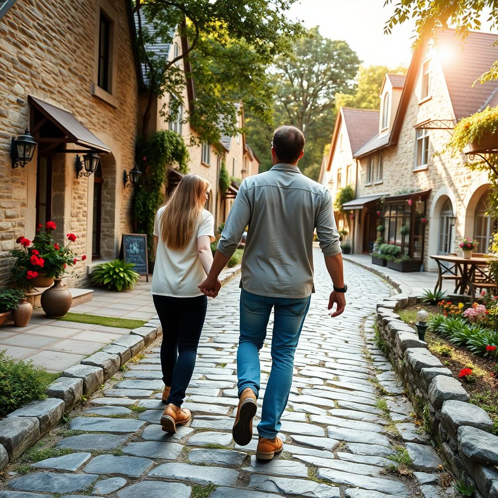 A beautiful scene showing a man and woman trekking together on a stone-paved path