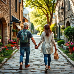 A beautiful scene showing a man and woman trekking together on a stone-paved path