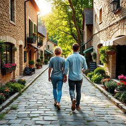 A beautiful scene showing a man and woman trekking together on a stone-paved path