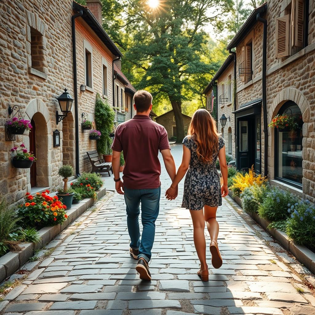 A beautiful scene showing a man and woman trekking together on a stone-paved path