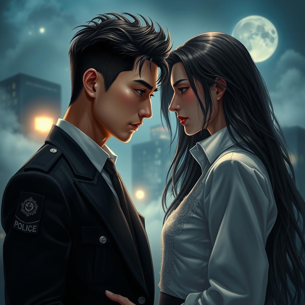 A romantic scene featuring two Asian men, one a police detective in a smart uniform, showcasing authority and charm, and the other a vampire with long, flowing hair, radiating mystery and elegance