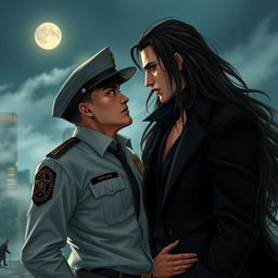 A romantic scene featuring two Asian men, one a police detective in a smart uniform, showcasing authority and charm, and the other a vampire with long, flowing hair, radiating mystery and elegance