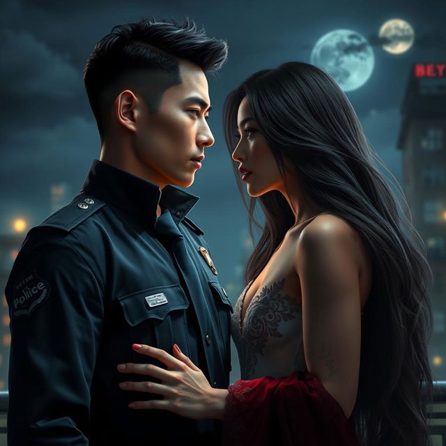 A romantic scene featuring two Asian men, one a police detective in a smart uniform, showcasing authority and charm, and the other a vampire with long, flowing hair, radiating mystery and elegance