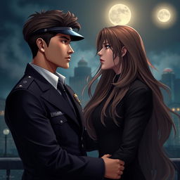 A romantic scene featuring two Asian men, one a police detective in a smart uniform, showcasing authority and charm, and the other a vampire with long, flowing hair, radiating mystery and elegance