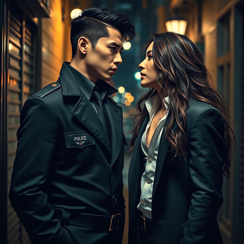 A romantic scene featuring two Asian men, one as a police detective dressed in a sharp uniform, showcasing confidence and charisma, and the other as a mysterious vampire with long, flowing hair, exuding elegance and allure