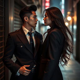 A romantic scene featuring two Asian men, one as a police detective dressed in a sharp uniform, showcasing confidence and charisma, and the other as a mysterious vampire with long, flowing hair, exuding elegance and allure