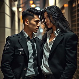 A romantic scene featuring two Asian men, one as a police detective dressed in a sharp uniform, showcasing confidence and charisma, and the other as a mysterious vampire with long, flowing hair, exuding elegance and allure