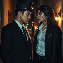 A romantic scene featuring two Asian men, one as a police detective dressed in a sharp uniform, showcasing confidence and charisma, and the other as a mysterious vampire with long, flowing hair, exuding elegance and allure