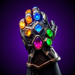 A striking depiction of Thanos' Infinity Gauntlet, featuring all six Infinity Stones vividly represented