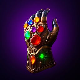 A striking depiction of Thanos' Infinity Gauntlet, featuring all six Infinity Stones vividly represented