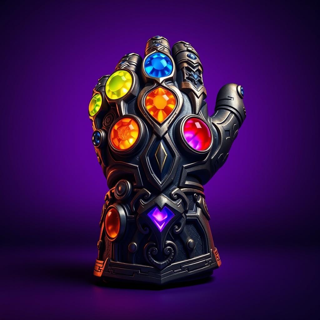 A striking depiction of Thanos' Infinity Gauntlet, featuring all six Infinity Stones vividly represented