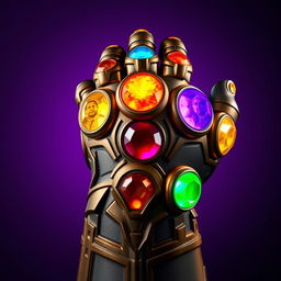 A striking depiction of Thanos' Infinity Gauntlet, featuring all six Infinity Stones vividly represented