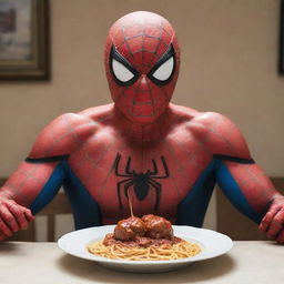 Spiderman, at ease and mask lifted, engaging in the simple pleasure of savoring a hearty plate of spaghetti and meatballs.