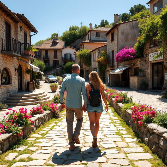 A romantic scene of a man and a woman walking hand in hand along a scenic trekking route, surrounded by stone-paved houses and quaint shops nestled on either side