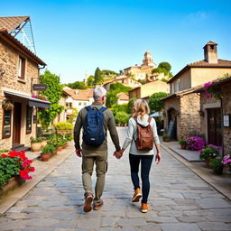 A romantic scene of a man and a woman walking hand in hand along a scenic trekking route, surrounded by stone-paved houses and quaint shops nestled on either side