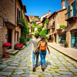 A romantic scene of a man and a woman walking hand in hand along a scenic trekking route, surrounded by stone-paved houses and quaint shops nestled on either side