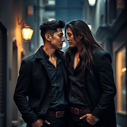 A romantic scene featuring two tall, handsome Asian men