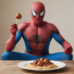 Spiderman, at ease and mask lifted, engaging in the simple pleasure of savoring a hearty plate of spaghetti and meatballs.