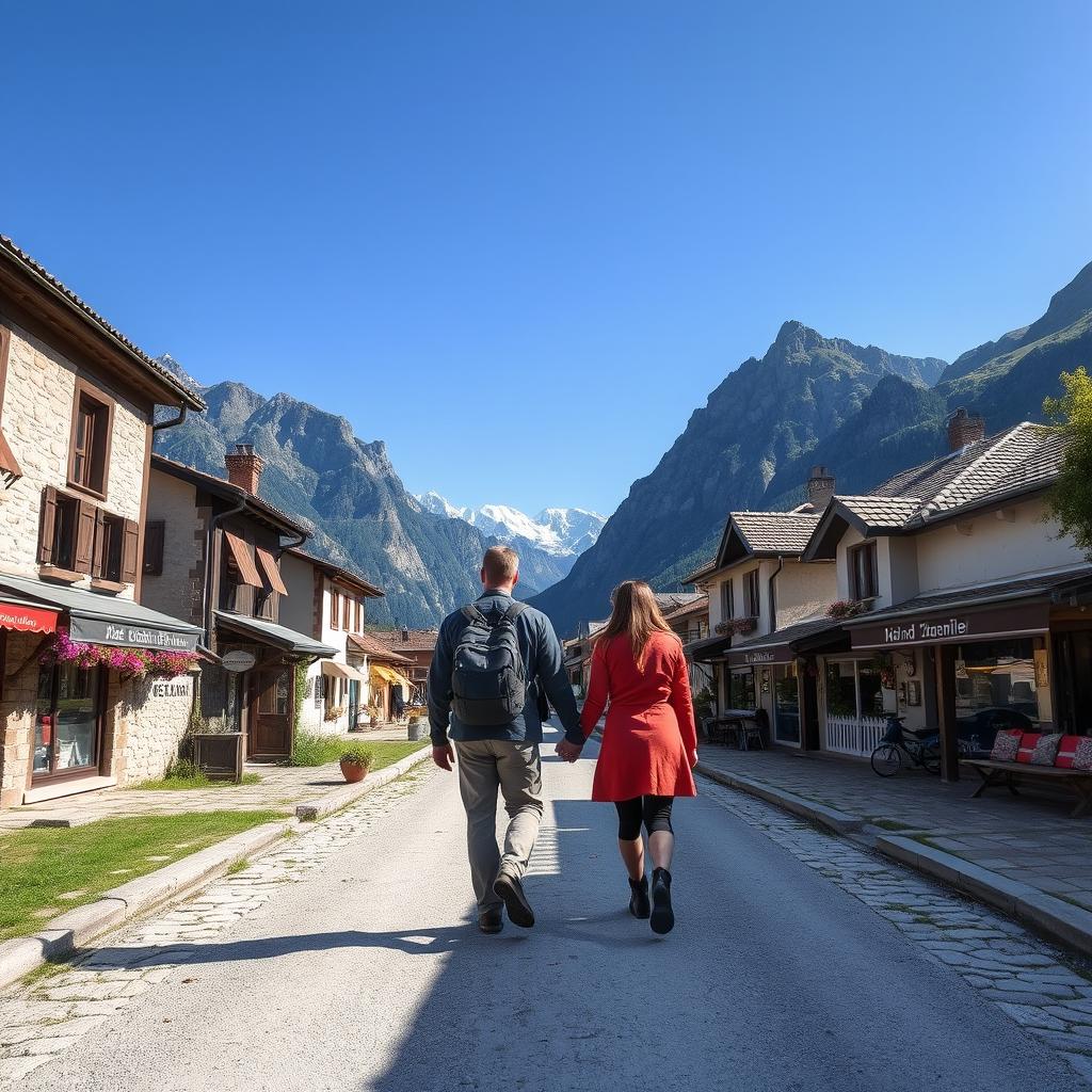 A picturesque scene of a man and a woman walking hand in hand along a scenic trekking route, bordered by stone-paved houses and quaint shops on either side