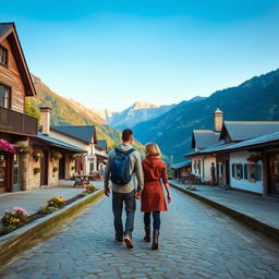 A picturesque scene of a man and a woman walking hand in hand along a scenic trekking route, bordered by stone-paved houses and quaint shops on either side