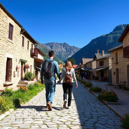 A picturesque scene of a man and a woman walking hand in hand along a scenic trekking route, bordered by stone-paved houses and quaint shops on either side