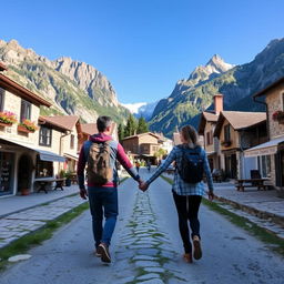 A picturesque scene of a man and a woman walking hand in hand along a scenic trekking route, bordered by stone-paved houses and quaint shops on either side