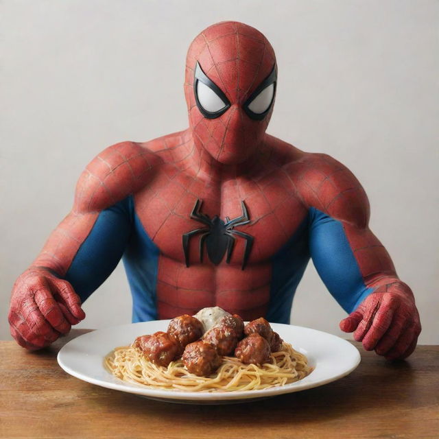 Spiderman, at ease and mask lifted, engaging in the simple pleasure of savoring a hearty plate of spaghetti and meatballs.