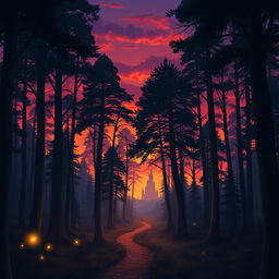 a mysterious forest at dusk, with tall, dark trees silhouetted against a vibrant orange and purple sky, soft light filtering through the leaves creating a magical atmosphere, whimsical and enchanting, with a winding path leading deeper into the woods, small glowing fireflies hovering around, a gentle mist rising from the ground, hint of a distant castle barely visible through the trees, high-quality fantasy illustration