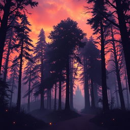 a mysterious forest at dusk, with tall, dark trees silhouetted against a vibrant orange and purple sky, soft light filtering through the leaves creating a magical atmosphere, whimsical and enchanting, with a winding path leading deeper into the woods, small glowing fireflies hovering around, a gentle mist rising from the ground, hint of a distant castle barely visible through the trees, high-quality fantasy illustration