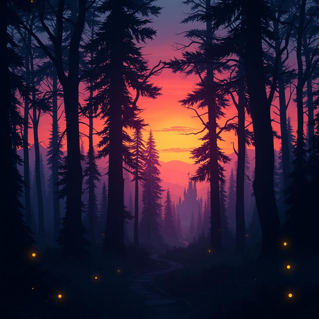 a mysterious forest at dusk, with tall, dark trees silhouetted against a vibrant orange and purple sky, soft light filtering through the leaves creating a magical atmosphere, whimsical and enchanting, with a winding path leading deeper into the woods, small glowing fireflies hovering around, a gentle mist rising from the ground, hint of a distant castle barely visible through the trees, high-quality fantasy illustration