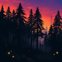 a mysterious forest at dusk, with tall, dark trees silhouetted against a vibrant orange and purple sky, soft light filtering through the leaves creating a magical atmosphere, whimsical and enchanting, with a winding path leading deeper into the woods, small glowing fireflies hovering around, a gentle mist rising from the ground, hint of a distant castle barely visible through the trees, high-quality fantasy illustration