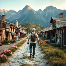 A delightful scene depicting an adult man and woman walking hand in hand along a rustic trekking route, flanked by charming stone-paved houses and local shops on each side