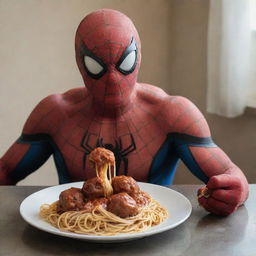 Spiderman, at ease and mask lifted, engaging in the simple pleasure of savoring a hearty plate of spaghetti and meatballs.